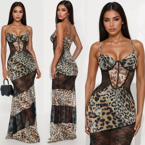 Gia Leopard Lace Mesh Maxi Dress - Leopard - Picture 1 of 2